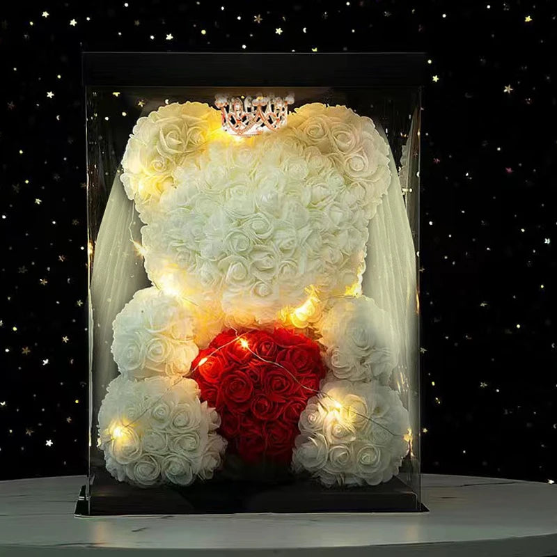 Enchanting Rose Bear Gift Set - Artificial Flower Teddy Bear with Box & Lights