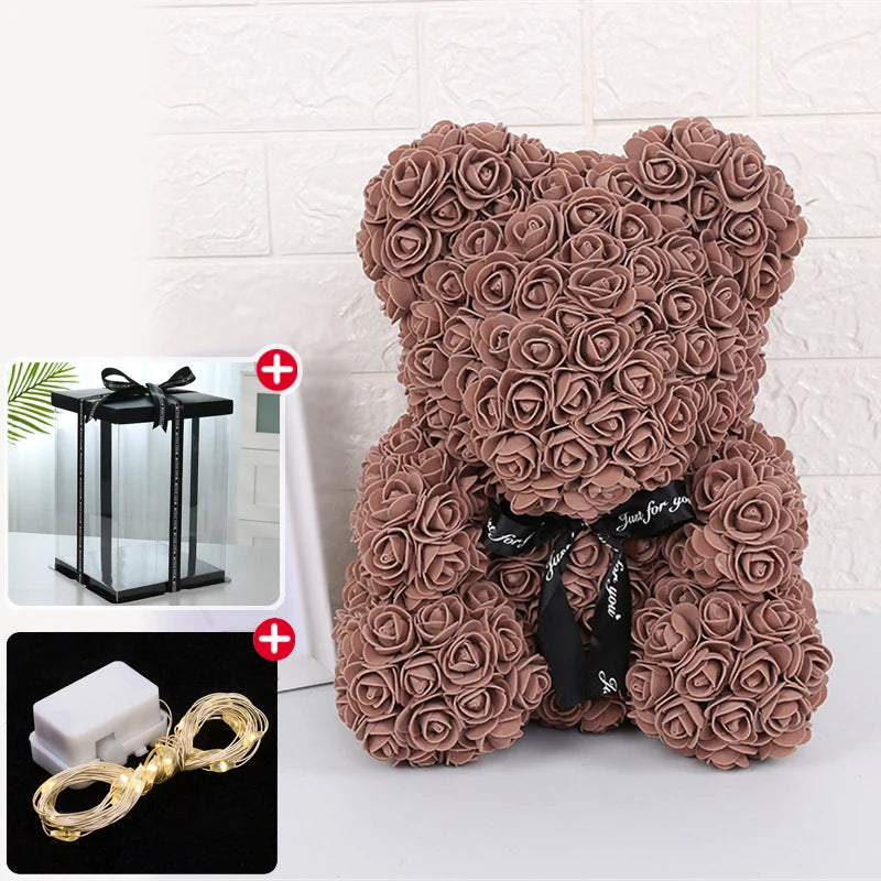 Enchanting Rose Bear Gift Set - Artificial Flower Teddy Bear with Box & Lights