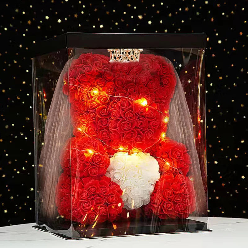 Enchanting Rose Bear Gift Set - Artificial Flower Teddy Bear with Box & Lights