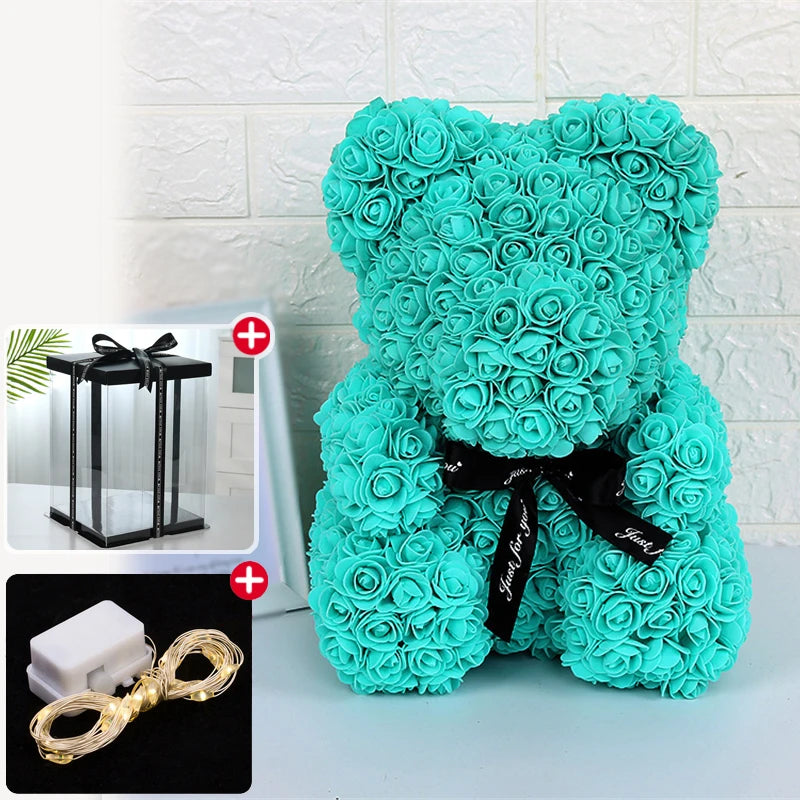 Enchanting Rose Bear Gift Set - Artificial Flower Teddy Bear with Box & Lights