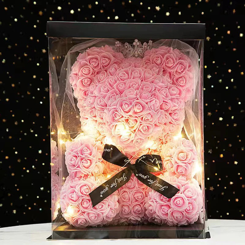 Enchanting Rose Bear Gift Set - Artificial Flower Teddy Bear with Box & Lights