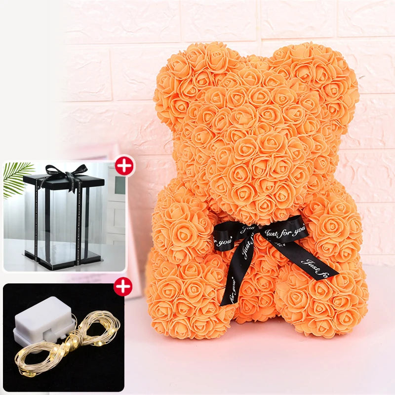 Enchanting Rose Bear Gift Set - Artificial Flower Teddy Bear with Box & Lights