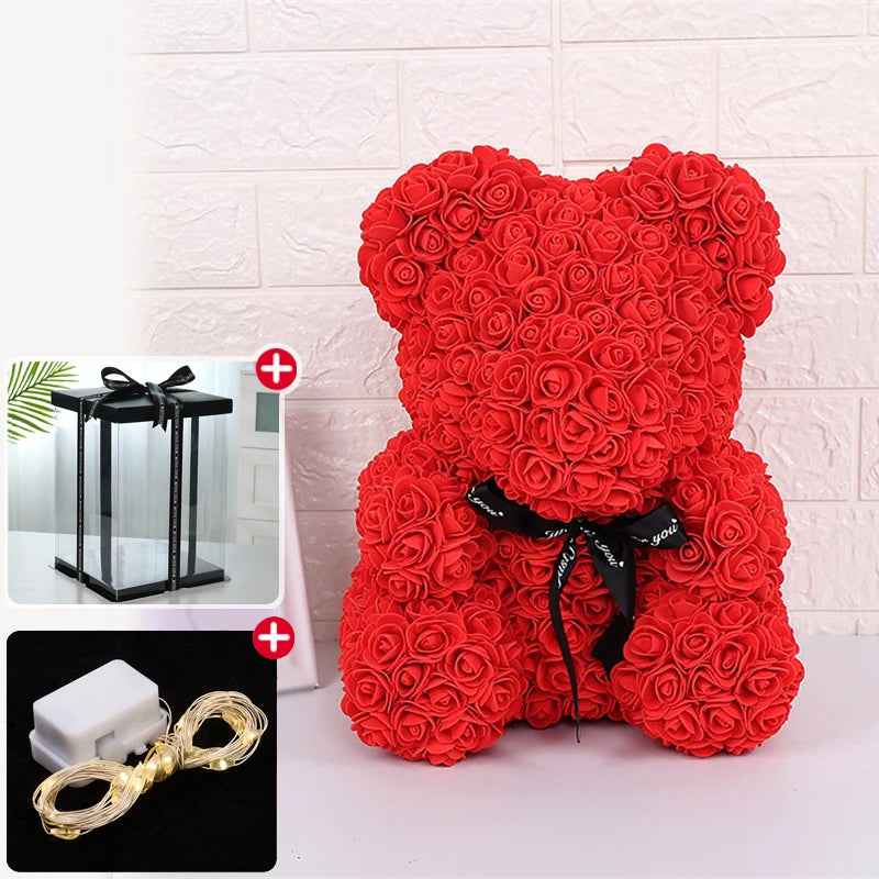 Enchanting Rose Bear Gift Set - Artificial Flower Teddy Bear with Box & Lights