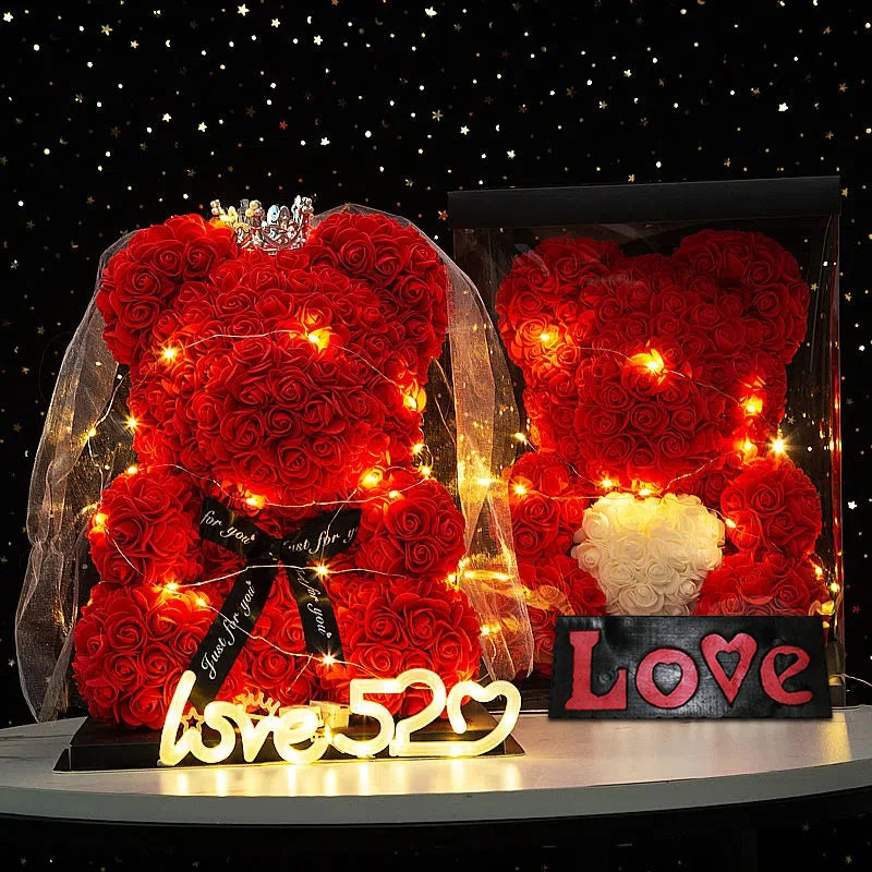 Enchanting Rose Bear Gift Set - Artificial Flower Teddy Bear with Box & Lights