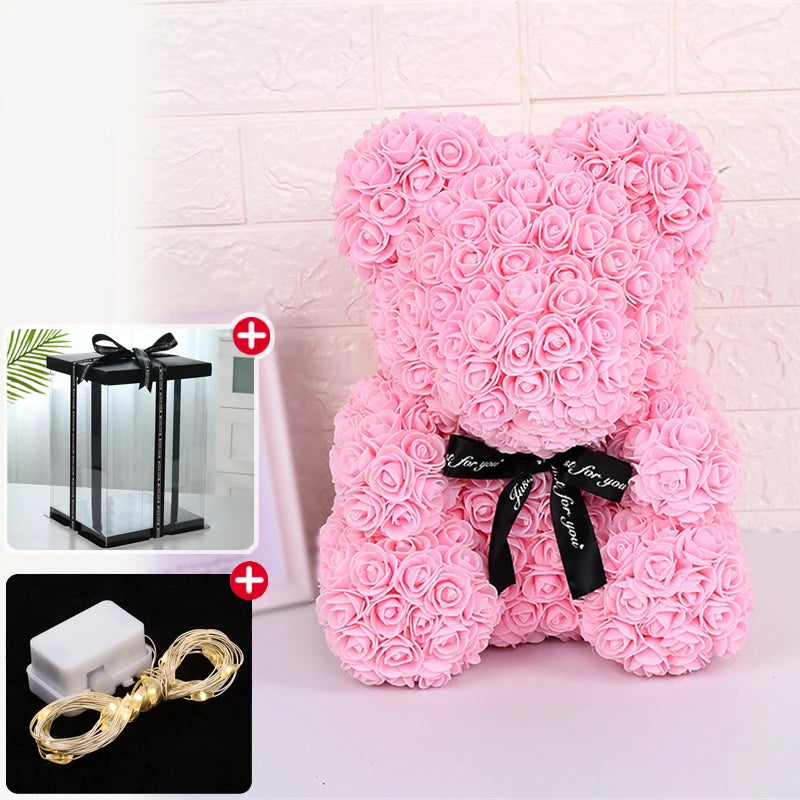 Enchanting Rose Bear Gift Set - Artificial Flower Teddy Bear with Box & Lights