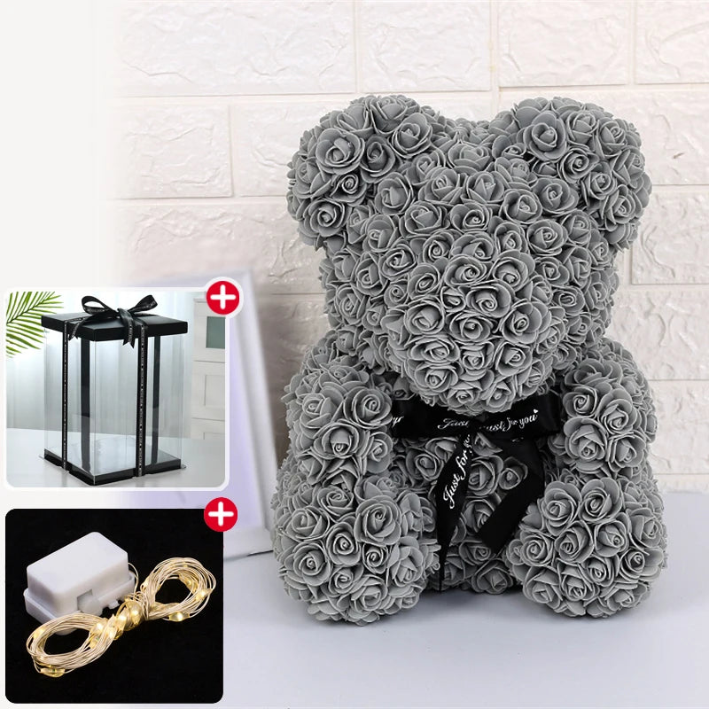 Enchanting Rose Bear Gift Set - Artificial Flower Teddy Bear with Box & Lights