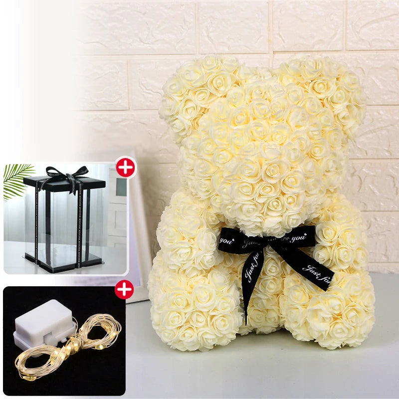 Enchanting Rose Bear Gift Set - Artificial Flower Teddy Bear with Box & Lights