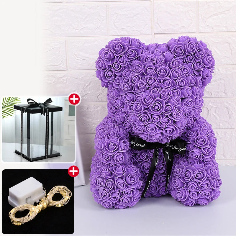 Enchanting Rose Bear Gift Set - Artificial Flower Teddy Bear with Box & Lights