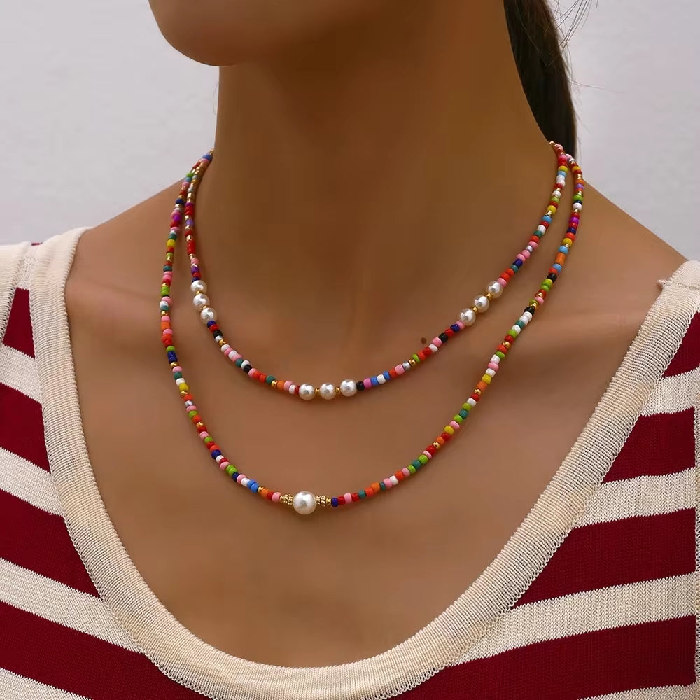 Bohemian Multilayer Handmade Beads Chain Fashion Necklaces Tassels Colorful Crystal Pendant Jewelry for Women Accessories X0180