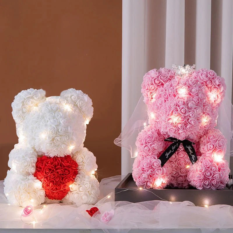 Enchanting Rose Bear Gift Set - Artificial Flower Teddy Bear with Box & Lights