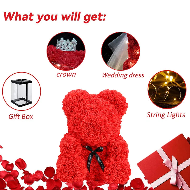 Enchanting Rose Bear Gift Set - Artificial Flower Teddy Bear with Box & Lights