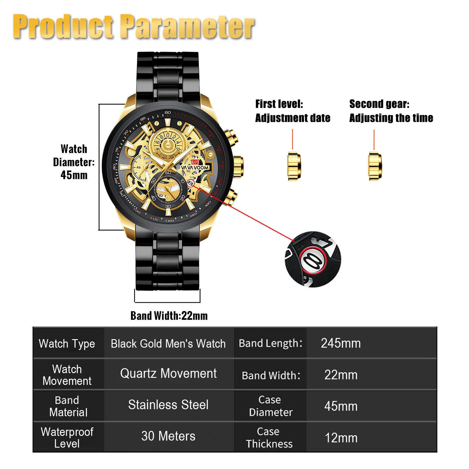 Men'S Quartz Watch Stainless Steel Analog Waterproof Business Wristwatch Fashion