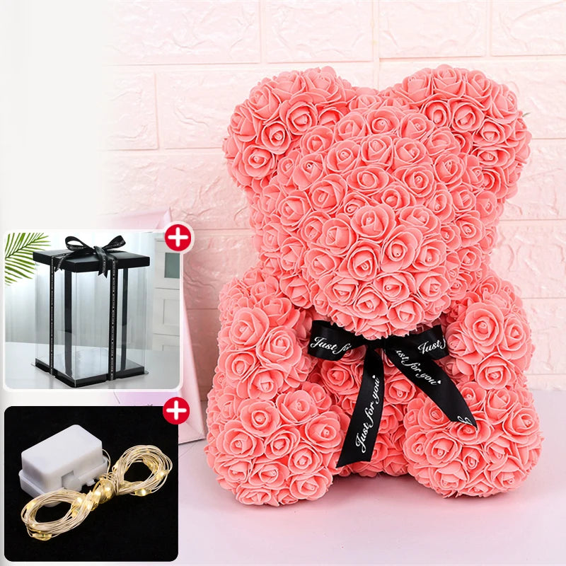 Enchanting Rose Bear Gift Set - Artificial Flower Teddy Bear with Box & Lights