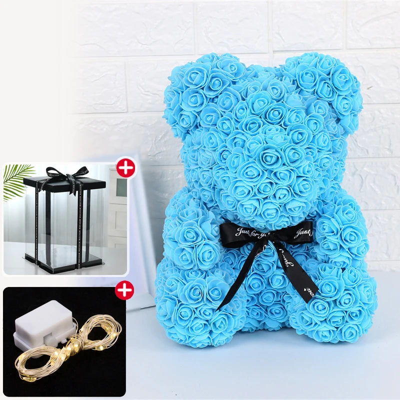 Enchanting Rose Bear Gift Set - Artificial Flower Teddy Bear with Box & Lights