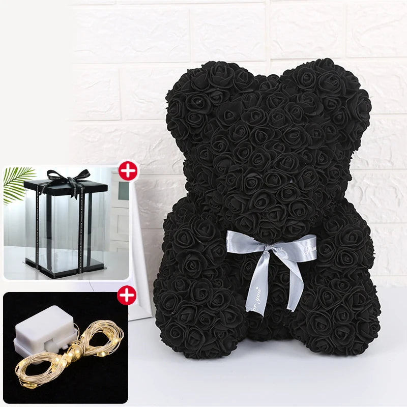 Enchanting Rose Bear Gift Set - Artificial Flower Teddy Bear with Box & Lights