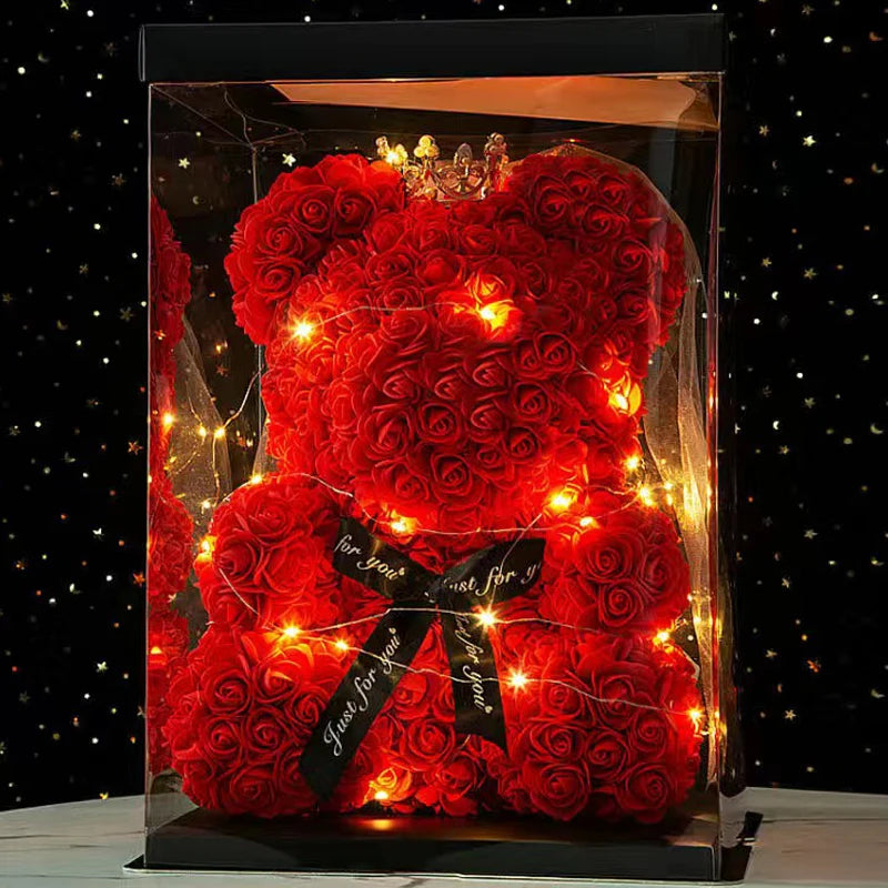 Enchanting Rose Bear Gift Set - Artificial Flower Teddy Bear with Box & Lights