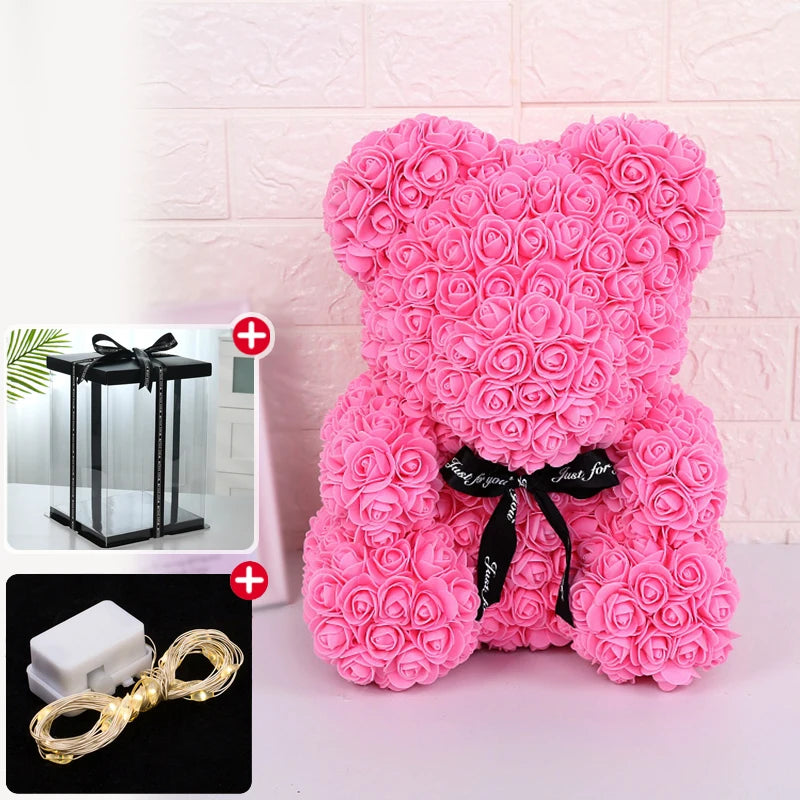 Enchanting Rose Bear Gift Set - Artificial Flower Teddy Bear with Box & Lights