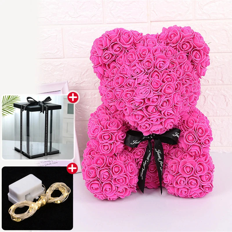 Enchanting Rose Bear Gift Set - Artificial Flower Teddy Bear with Box & Lights