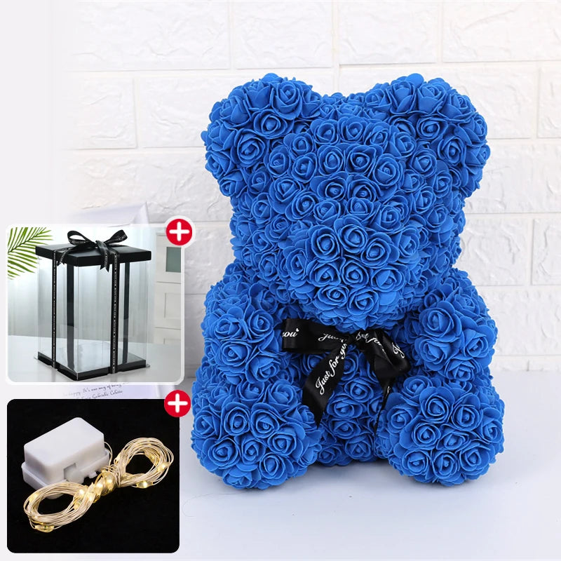 Enchanting Rose Bear Gift Set - Artificial Flower Teddy Bear with Box & Lights